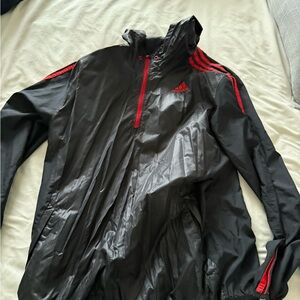 Adidas Men's Black Windbreaker Jacket with Red Accents